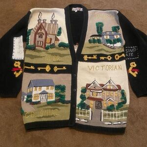 Vintage Novelty Lauren Hansen Cadigan Real Estate Home Cottagecore Hand knit M-L